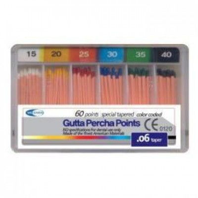 Гуттаперчивые штифты (06 конус) №15-40 (60шт.) с миллиметровой маркировкой Гуттаперчивые штифты (06 конус) №15-40 (60шт.) с миллиметровой маркировкой